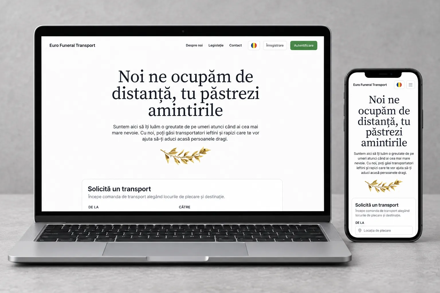 Euro Funeral Transport website shown on a laptop and smartphone, displaying its desktop and mobile layouts.
