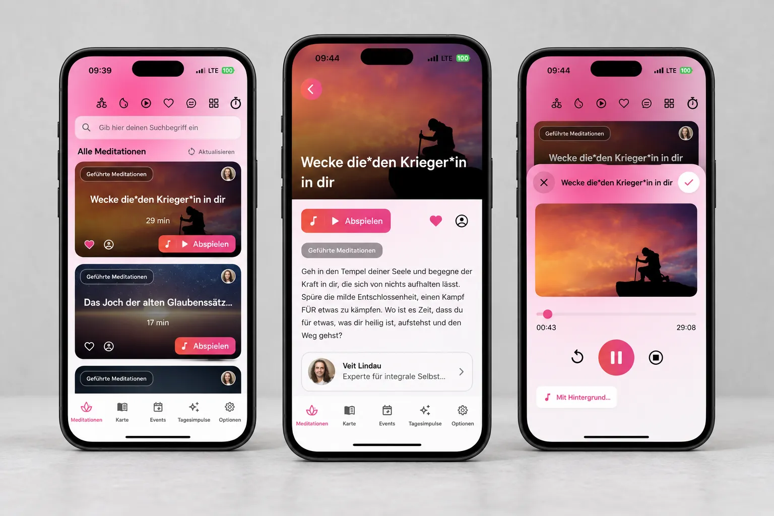 Homodea app displayed on three smartphones, showing the meditation library, session details, and audio player.