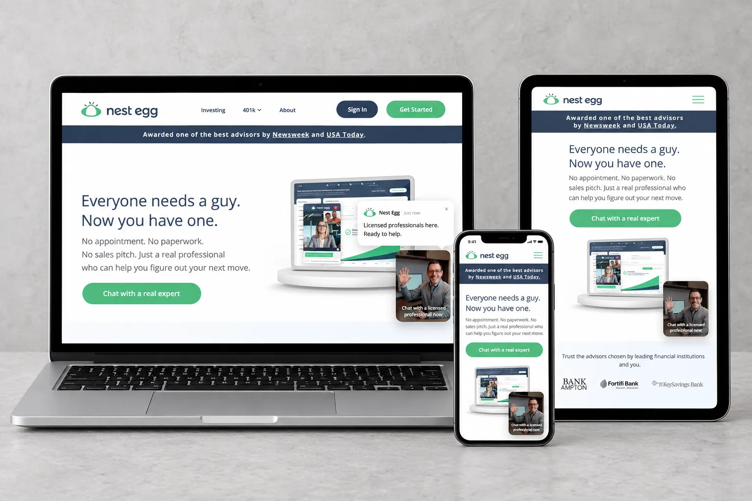 Nest Egg website displayed on a laptop, tablet, and smartphone, showcasing its desktop, tablet, and mobile layouts.